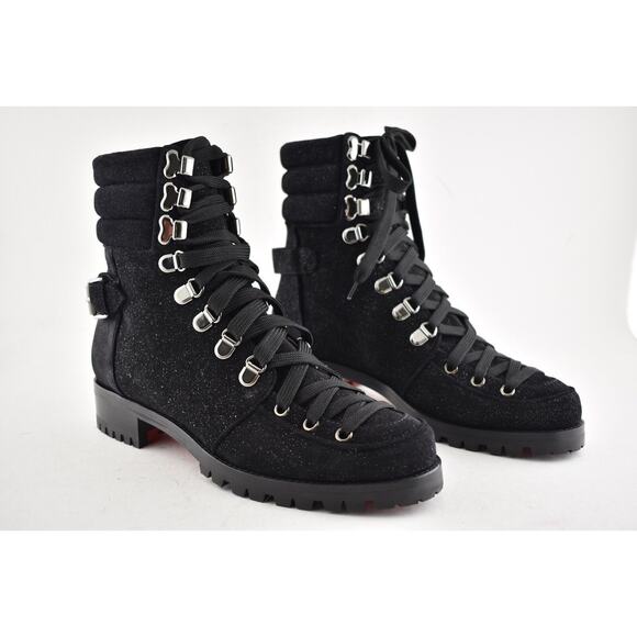 Christian Louboutin Who Runs Flat Crosta Star Black Combat Ankle Boots 36 - Picture 4 of 11